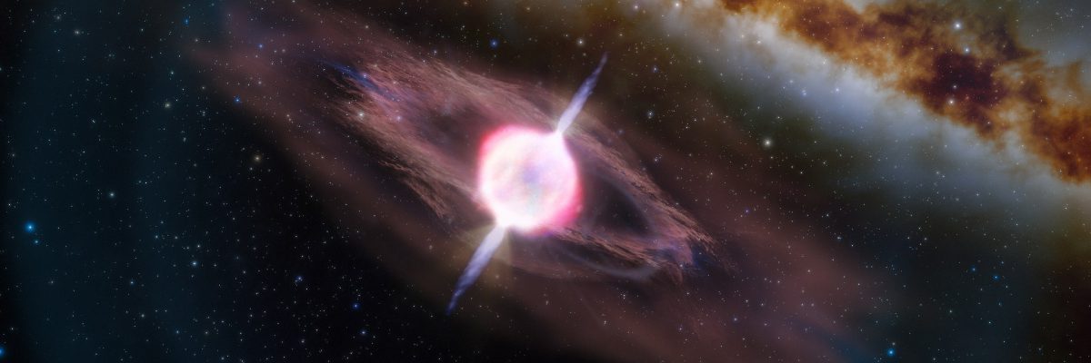 This illustration depicts a collapsing star that is producing two short gamma-ray jets. Just before a massive, collapsing star explodes as a supernova, we often observe a gamma-ray burst (a brief explosion of gamma-ray radiation) if the jets are pointed toward Earth. Most known supernova-produced gamma-ray bursts are “long” (lasting more than two seconds), but one called GRB 200826 was “short” (lasting just 0.6 second). Astronomers think this, and possibly other short supernova-produced gamma-ray bursts, appeared short because the jets of gamma rays aren’t strong enough to completely escape the star. This would produce jets that are shorter in both length and duration.
